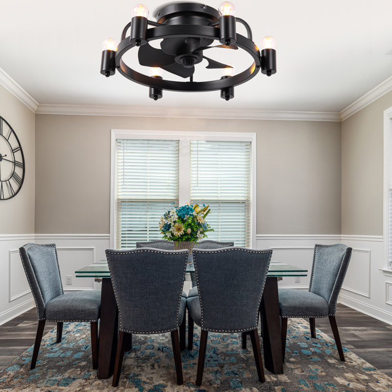 20" Black Industrial Fluh Mount Ceiling Fan with Light Kit and Remote Control 6-speed Reversible Fan for Living Room Bedroom
