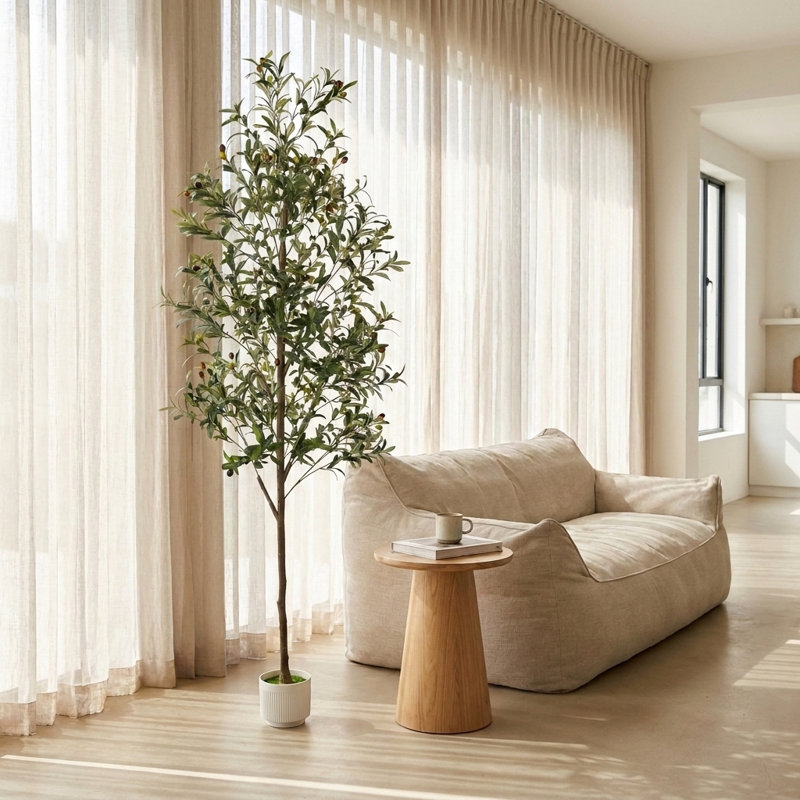 Arbre à olives artificiel de 82 po de hauteur, 7 pi, olivier artificiel réaliste avec des feuilles denses et un tronc naturel, arbre de sol en pot sans entretien pour la décoration de coin de bureau à domicile (sans panier tissé à la main)