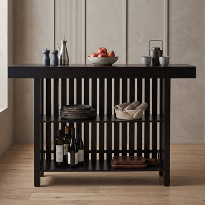 Modern Counter Height Sideboard with Storage Shelves, Marble-Style Top, Metal Footrest and Slatted Panel Details
