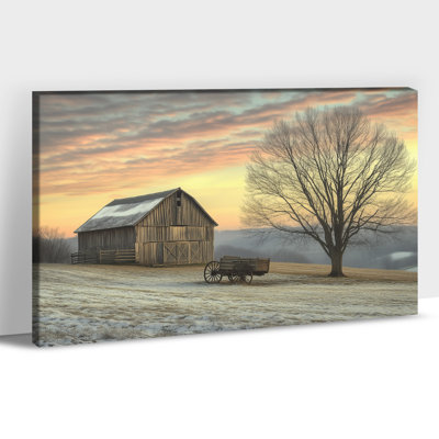 Grand paysage de Noël d'hiver sur toile: Rustic Barn Snowy Field, art rétro sur toile, scène d'hiver, affiche d'art pour salon, chambre à coucher, décoration murale, 18 po x 24 po