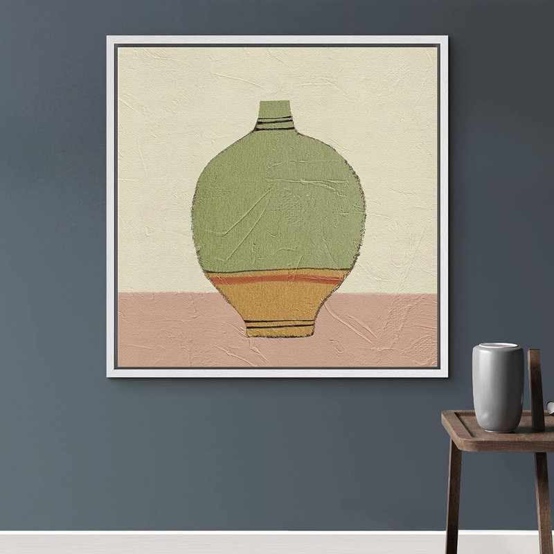 «Green and Tan», grand vase incurvé encadré sur toile, Toile blanche, H 24 po x l 24 po