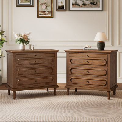 Vintage 28.3''W 3-Drawer Solid Wood Nightstand with Built-in USB Charging Station and Pull-out Shelf, Traditional End Side Table for Bedroom, Living Room, Fully Assembled(Set of 2)