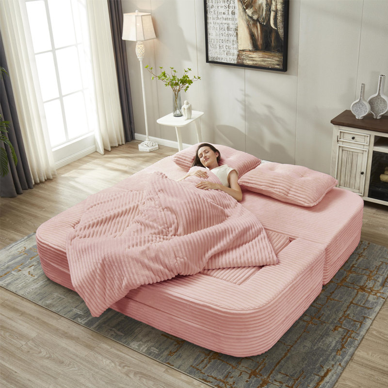 Boneless 80" King-Size Sleeper Sofa Bed Compression Convertible Couch Bed with Blanket, Baby Pink