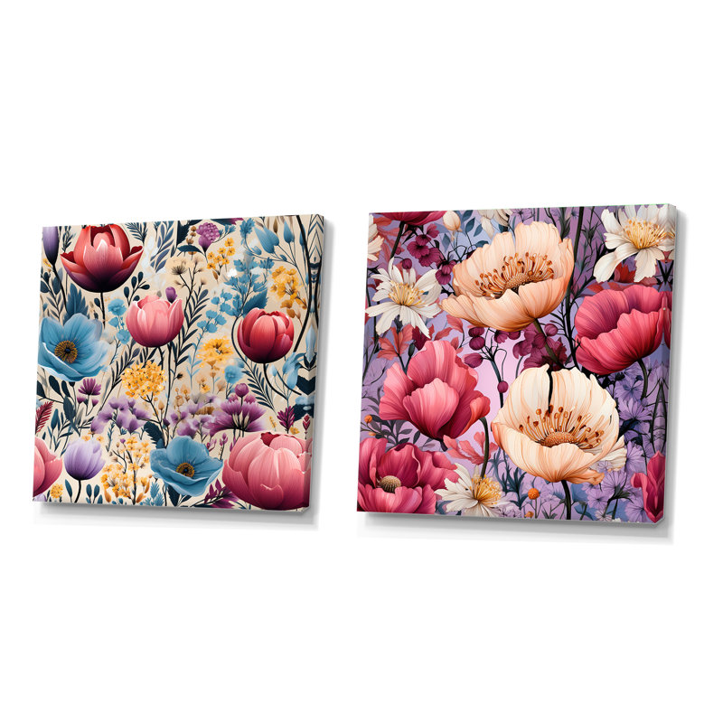 Cyprien - Ensemble de 2 collages carrés floraux, Toile tendue, H 16 po x l 33 po
