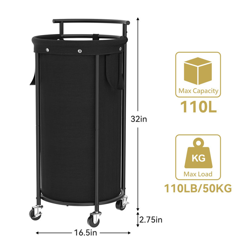 Laundry Hamper With Wheels,Round Iron Laundry Cart With Steel Frame And Handle,Rolling Laundry Basket With Removable Bag,(Black/110L)