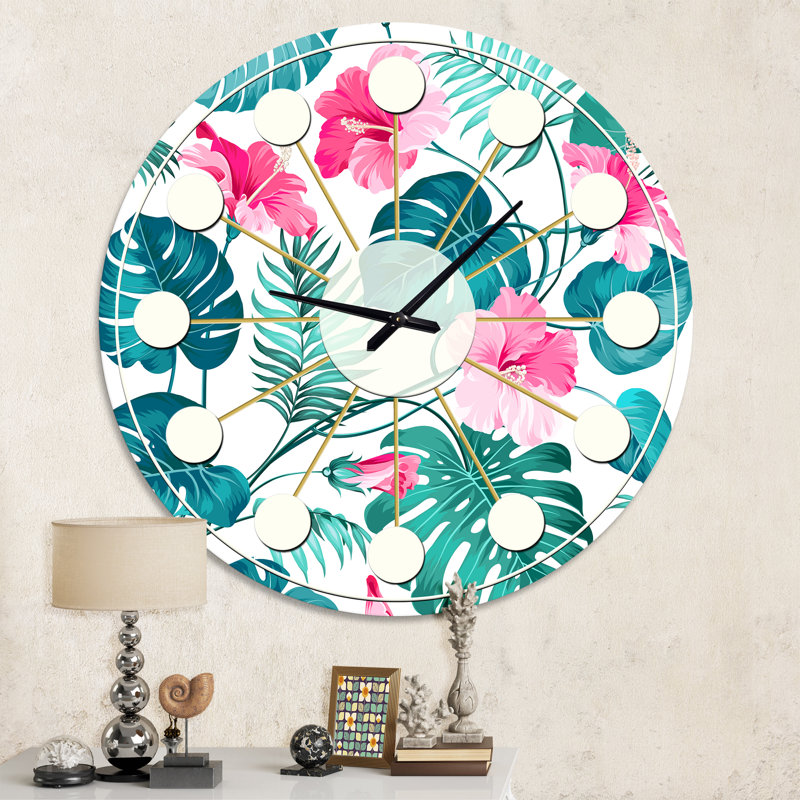 Tropical Botanicals and Flowers - Horloge murale moderne Mid-Century, Surdimensionné