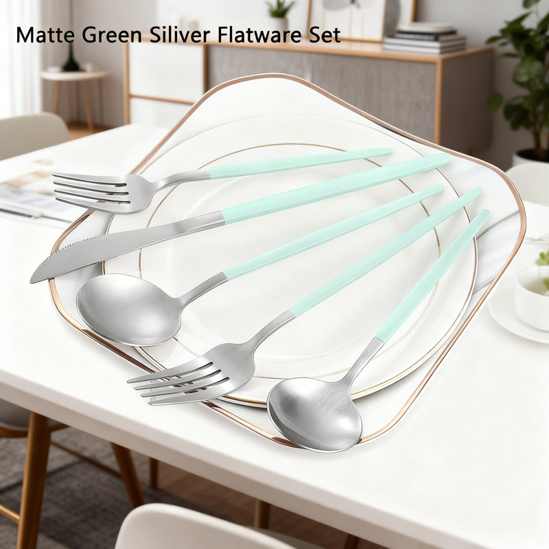 Ensemble de couverts 20 pièces vert mat, service de couverts en acier inoxydable pour 4 personnes, ensemble de couverts à finition satinée pour la maison et le restaurant, vaisselle allant au lave-vaisselle