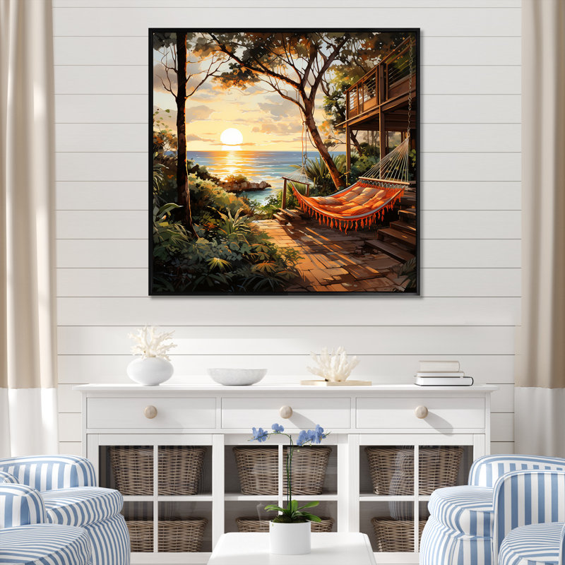 Coucher de soleil hamac près de la plage III - art mural côtier tropical, Cadre photo noir, 16" H x 16" W