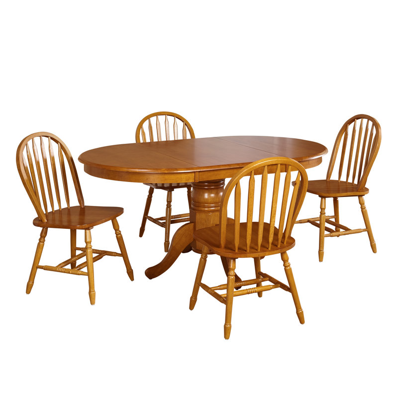 Kaneshiro Solid Wood Top Pedestal Dining Set, Oak, 5 Pieces: Table, 4 Chairs