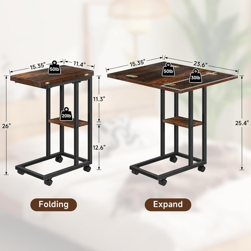 Allyson Rustic Brown Foldable Expandable C-Shaped End Table With Storage & Wheels For Living Room
