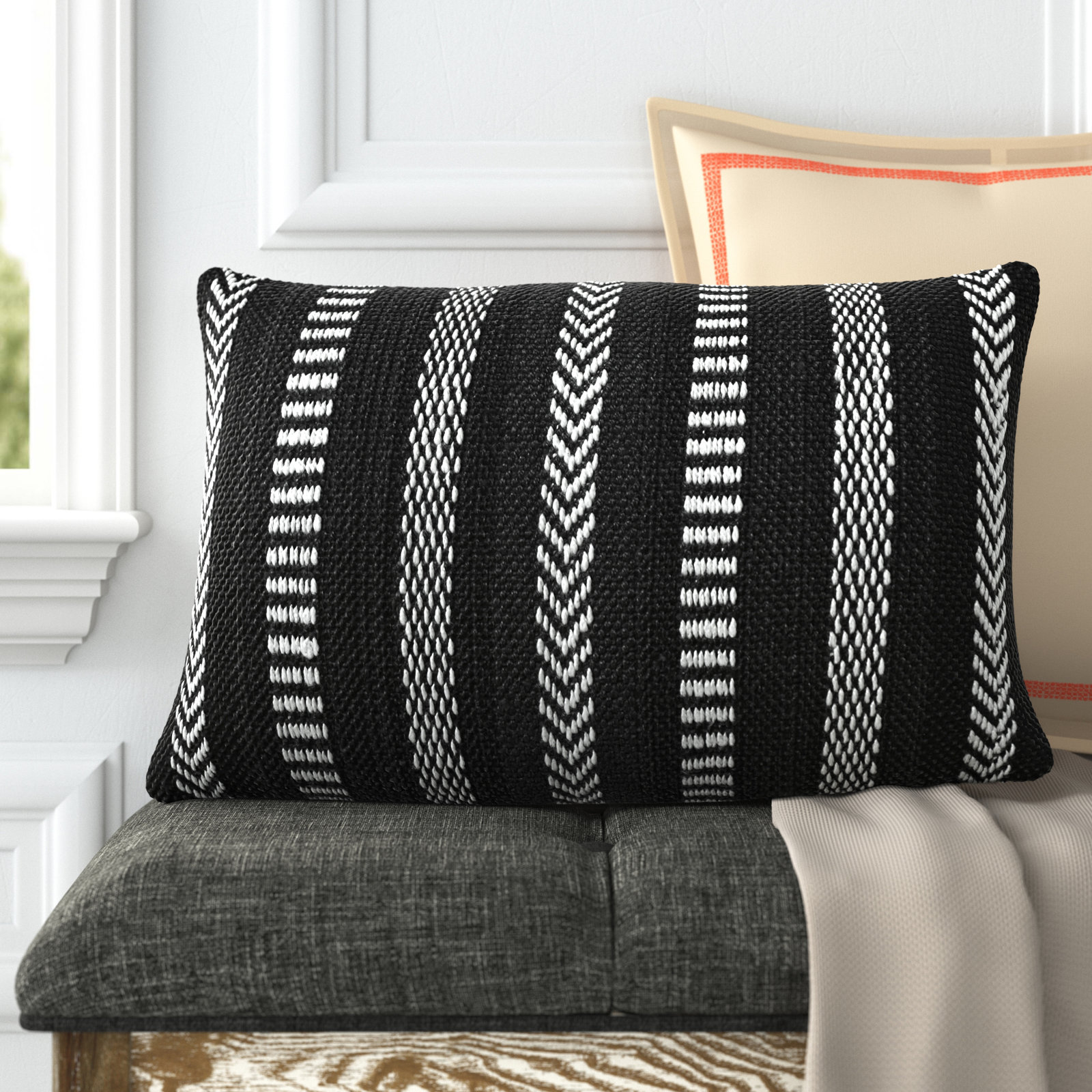 Positano 21" x 13" Embroidered Pillow Cover, Black/Ivory, Polyester/Polyfill