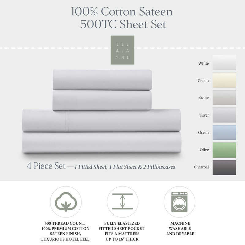  500 Thread 100% Cotton Sateen Sheet Set (4PC.), Full, Lilac
