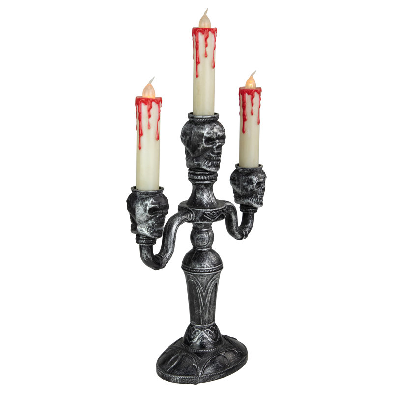 Antique Silver Skull Trio Halloween Candelabra with Dripping Blood LED Candles