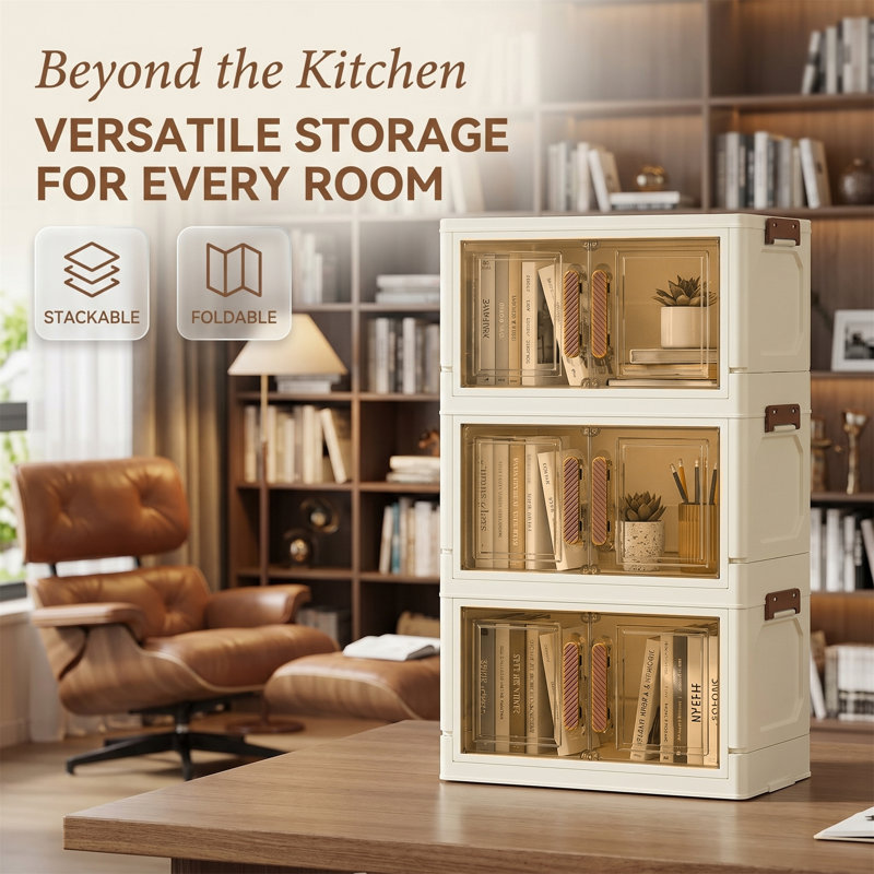 4-tier Storage Cabinets, Foldable and Stackable, Plastic, Beige + Brown, Beige/Brown