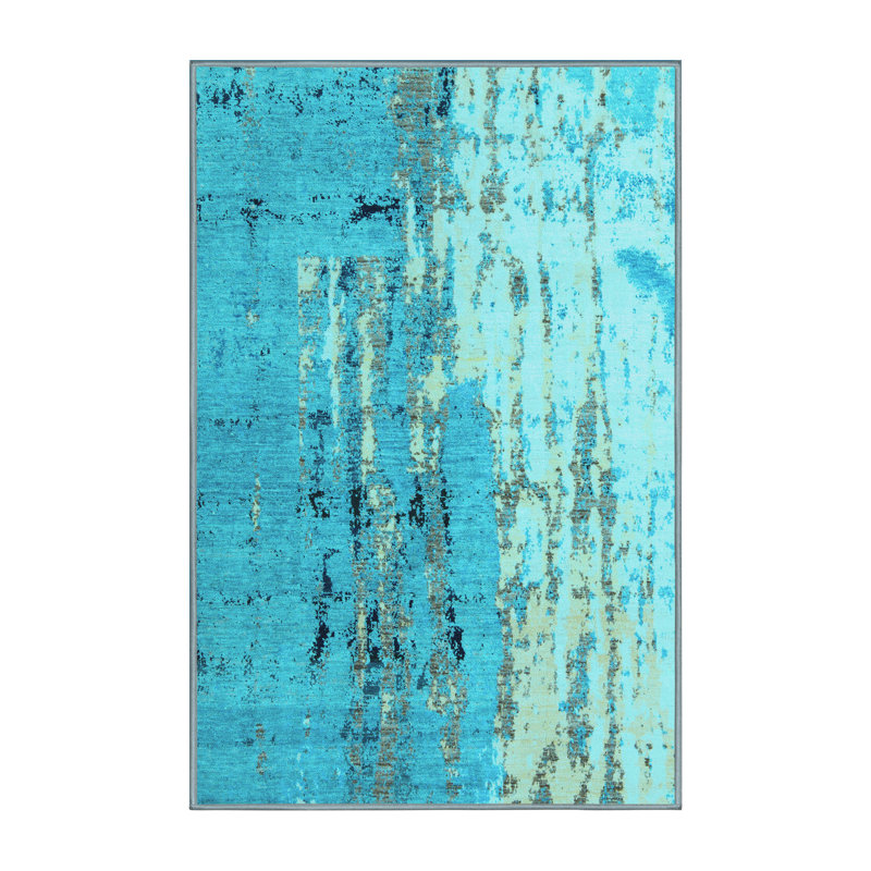 Tapis abstrait en polyester / laine tissé à la machine abstrait bleu sarcelle, Rectangle 5 pi x 7 pi