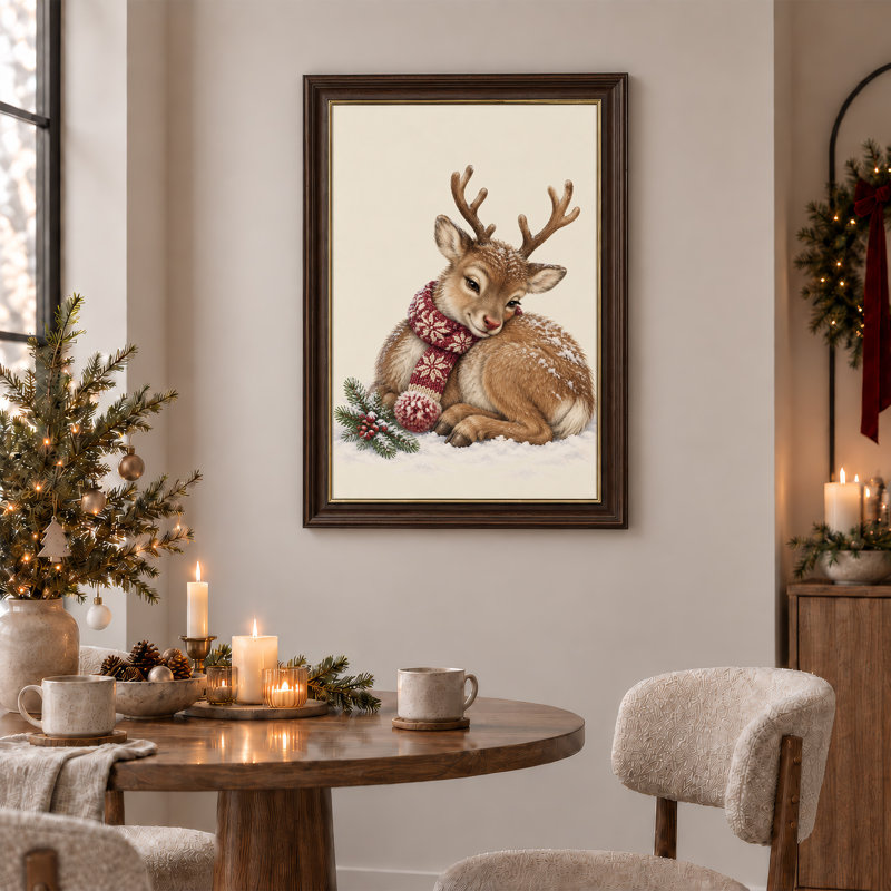 Toile de chevreuil avec écharpe rouge flocon de neige couché dans la neige, 18"H x 12"W