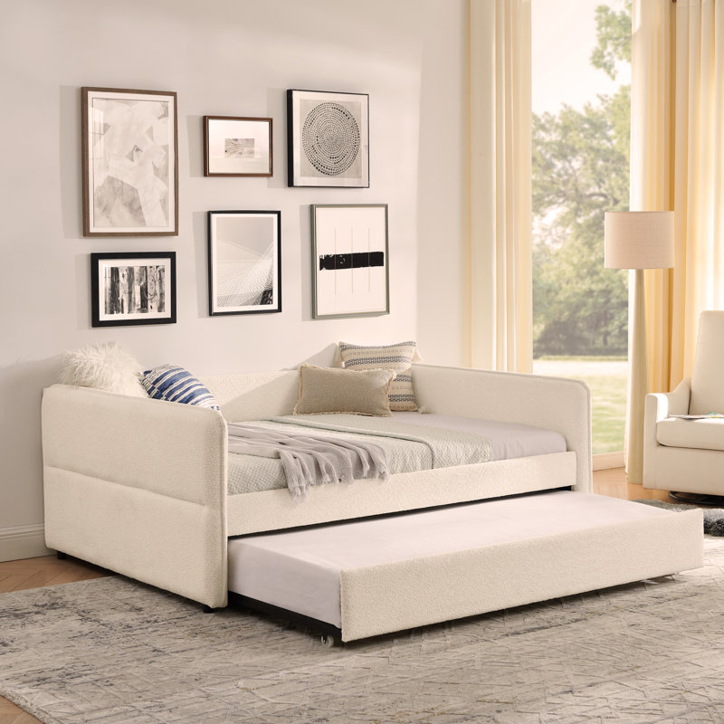 Daybed with Trundle Upholstered Tufted Sofa Bed, Full Size, Boucle Fabric,(83"x58.5"x29.5"), Beige