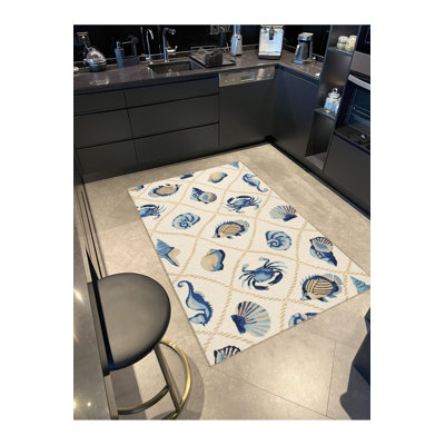 Beige Seahorse Fish and Crab Pattern Creative Modern Decorative Rug Machine Washable