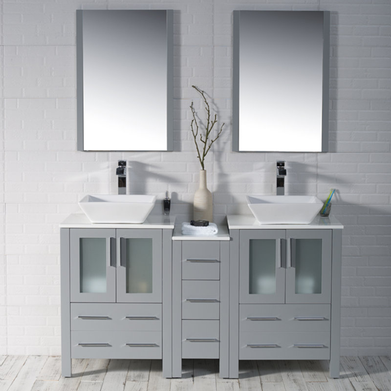 Mance 60.12'' Double Bathroom Vanity with Ceramic Top, Metal Gray