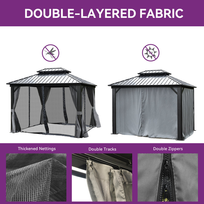 Outdoor Aluminum Hardtop Patio Gazebo with Curtain and Netting, 12 ft x 10 ft