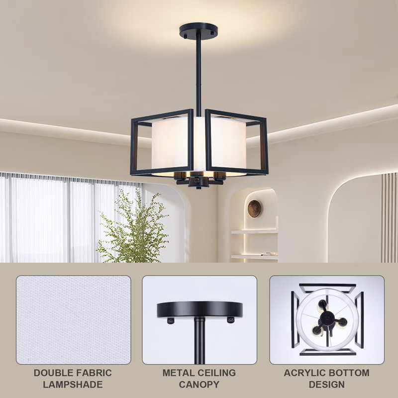 3-Light 13" Modern Pendant Light Linen Fabric Drum Chandelier with Black Fixture for Living Bedroom Hallway