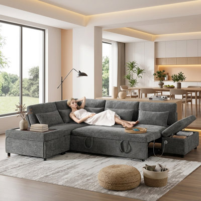 107" Modern L-Shaped Sectional Sleeper Sofa with Pull Out Bed Storage Ottoman Adjustable Armrest Chenille Upholstery