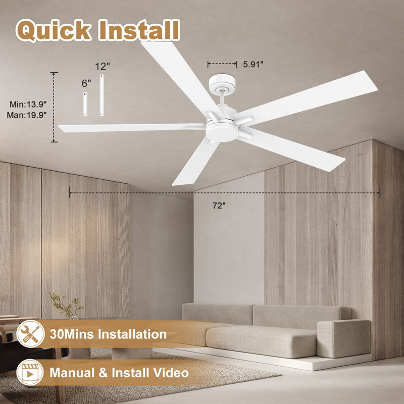 Ventilateur de plafond moderne à 5 pales avec lumières, télécommande et contrôle Alexa, moteur à courant continu silencieux, à intensité variable, intérieur extérieur