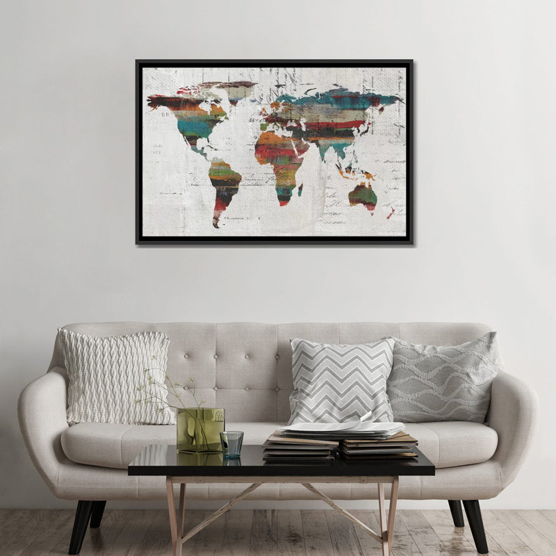 «Painted World Map IV», reproduction d'art sur toile tendue, H 32 po x l 48 po x P 1,5 po, Toile avec cadre noir