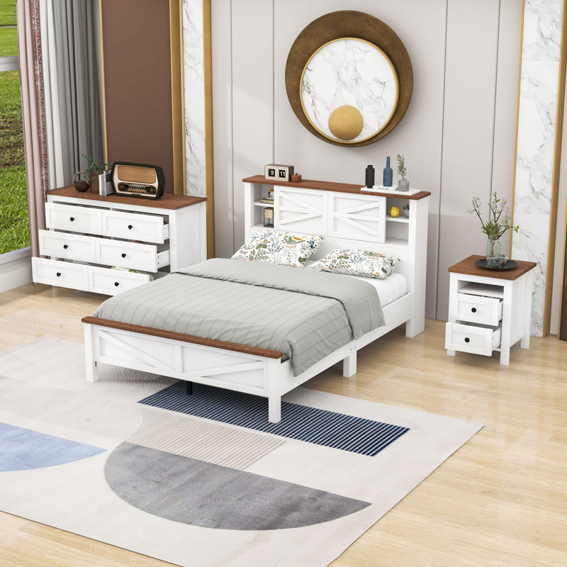 Ensemble de chambre à coucher, lit plateforme avec tête de lit, table de chevet et commode 3 pièces Kuehne, Blanc, brun