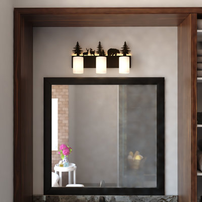 Acadia 3-Light 23 In. Wide Bronze Rustic Wildlife Bathroom Vanity Lighting Fixture With Nightlight, Frosted White Glass Shade, Dimmable, Over The Mirror Mounted Steel Wall Sconce
