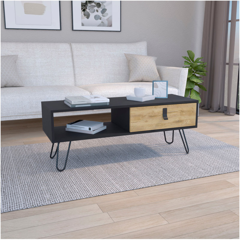 Table basse Huna avec pieds en épingle à cheveux et grand tiroir de rangement