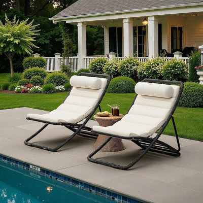 2-Pack Outdoor Folding Rattan Chairs With Adjustable Backrest & Cushions For Patio, Poolside, Beach