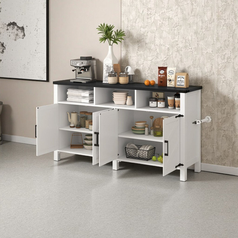 59" Modern Farmhouse Buffet Cabinet with USB Charging Ports & Power Outlets, Adjustable Shelves, Open & Closed Storage for Living Room, Entryway, Dining - White & Black