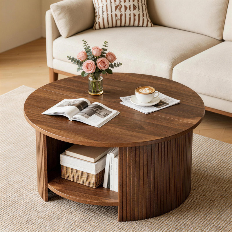 Table basse ronde 31,5 "fabriquée à la main avec rangement en bois massif cannelé , Noyer