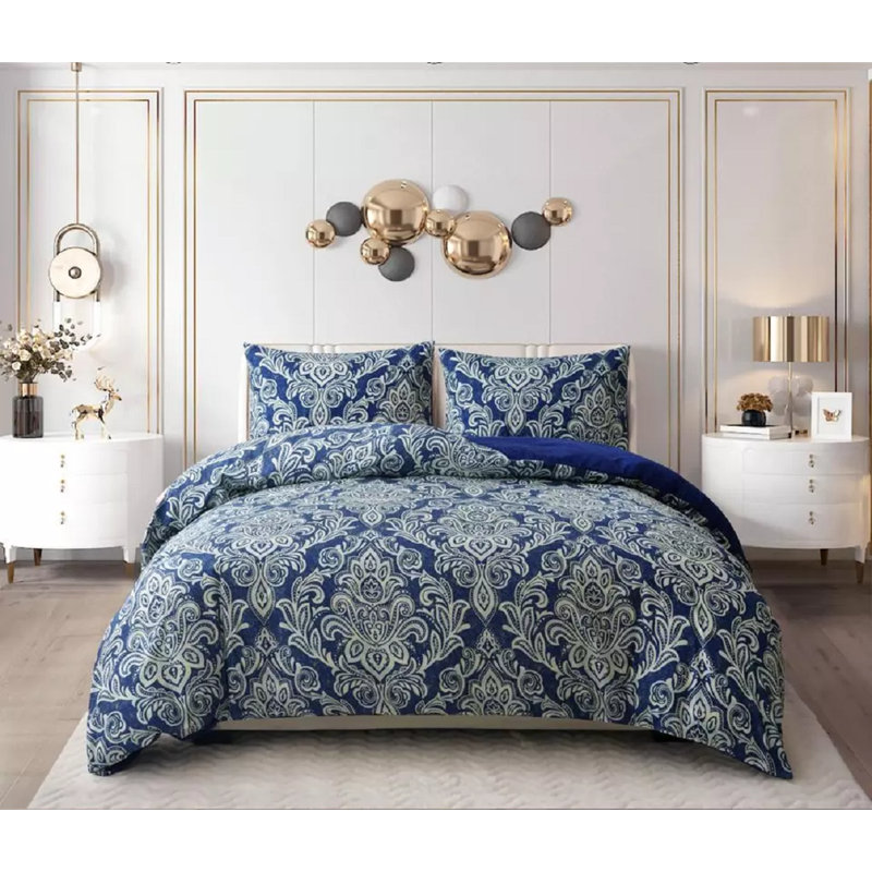 Duvet Cover Set with Pillowcases Cotton Rich Damask Pattern Bedding Soft Easy Care Wrinkle Resistant and Durable