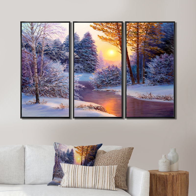 «Winter Forest In River», ensemble de 3 toiles encadrées, H 28 po x l 36 po, Noir