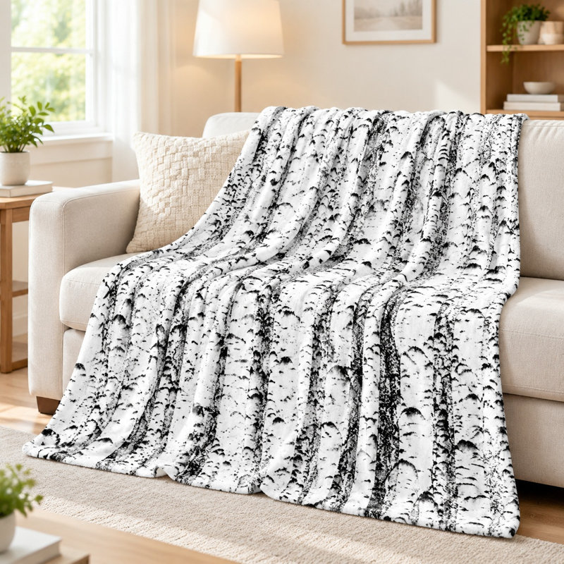 Plaid en flanelle à motif bouleau - Motif nature, noir et blanc, ultra doux, léger, respirant, toutes saisons, agréable au toucher, décoratif, pour canapé, fauteuil, salon ou chambre