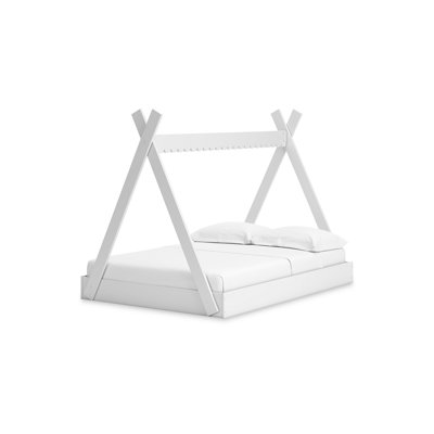 Lit de sol Kally, conception de style tente, bois blanc mat