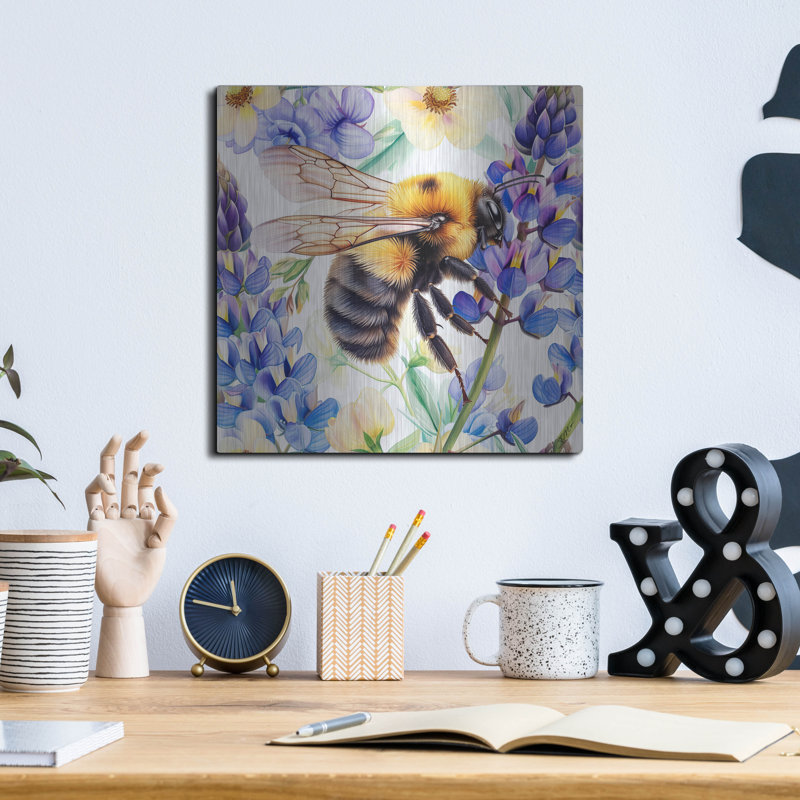 August Grove 'Bee With Blue Flowers' by Momart Metal Wall Art, 36" x 36", 12" H x 12" W