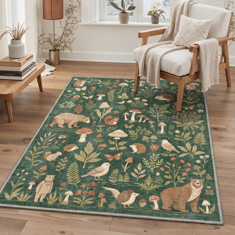 Faunawood Collection Rustic Machine Washable Green / Brown Indoor Area Rug with Non-Slip Backing, Rectangle 5' x 7'