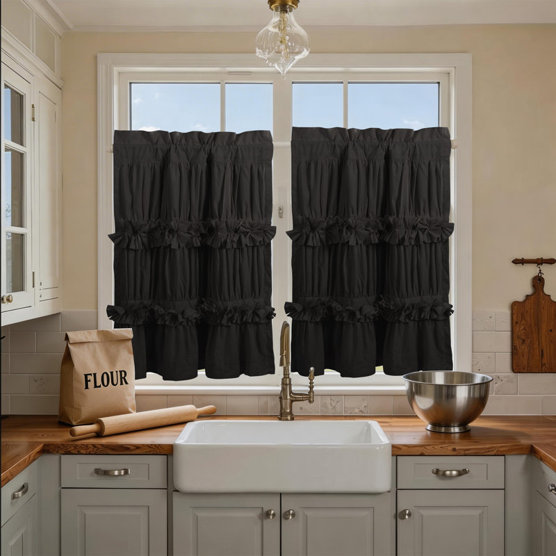 Paquet de 2 rideaux de cuisine Ruffle, L 30 po x L 24 po, Noir