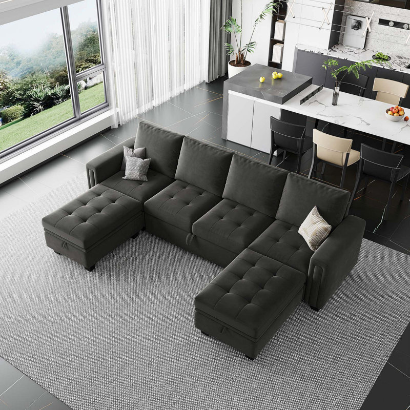 Shavera Velvet U-Shaped Sectional Couch Convertible Large Sofa Bed Sleeper With Storage Ottoman, Grey Velvet
