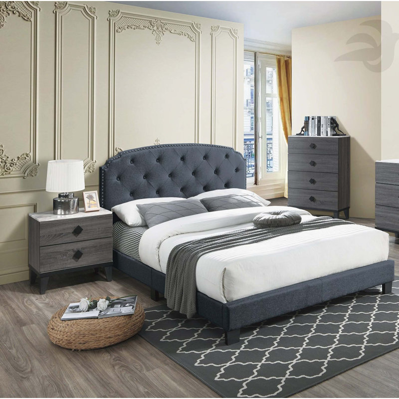 Mobilier de chambre à coucher pleine grandeur avec garniture cloutée capitonnée et capitonnée, Double, Gris anthracite