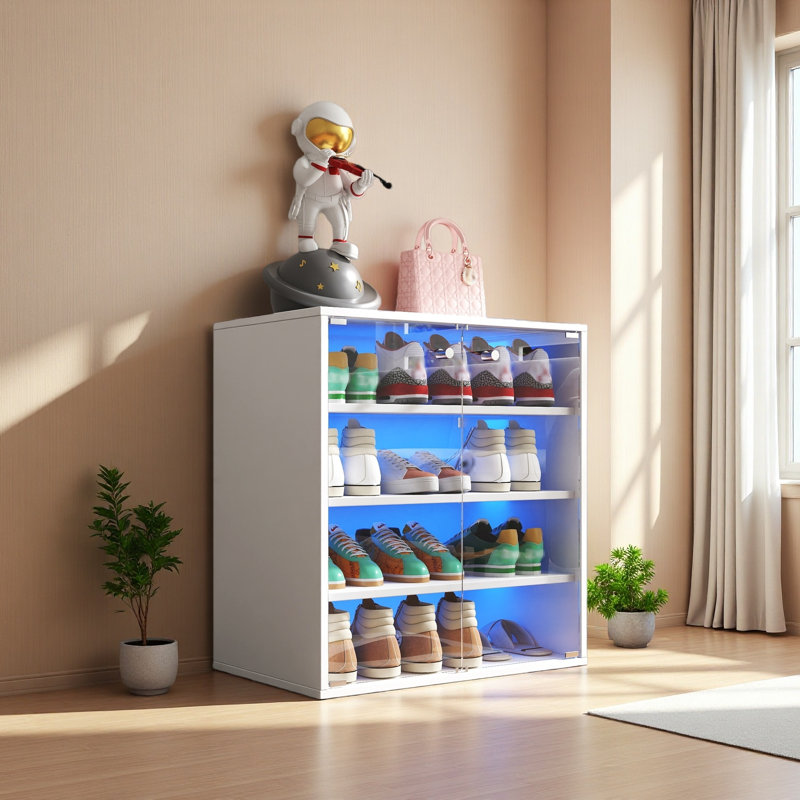 Shoe Box With RGB LED Light, Wooden Stackable Shoe Storage Box With Glass Door, Shoe Storage Bin Shoe Display Case For Sneakers (4 Tier-1)