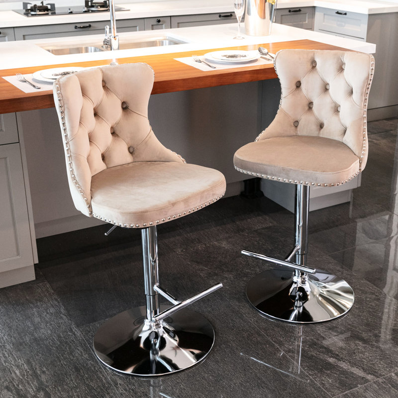 Tabourets de bar modernes en velours kaki, hauteur réglable de 63,5 à 84 cm, siège rembourré, dossier confortable, couleur kaki, pour la maison, le pub ou la cuisine. Deux tabourets de bar kaki, îlot central.