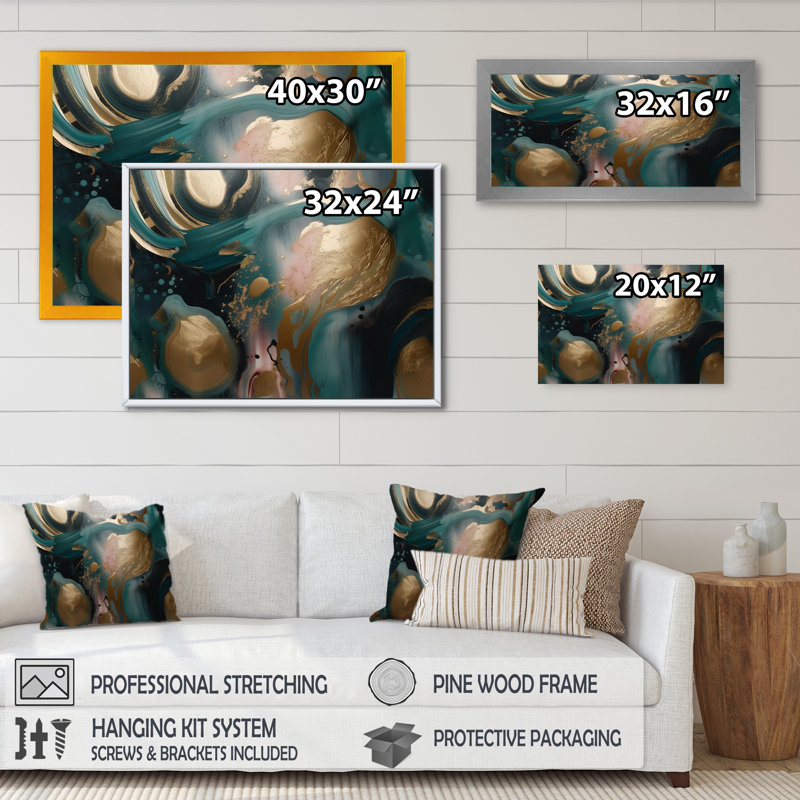 Or et vert marbré Euphoria I - impression sur toile de marbre abstrait, H 24 po x l 32 po x P 1 po, Cadre flottant noir