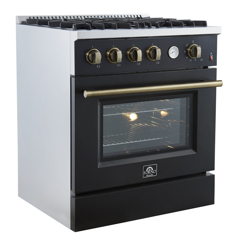 Cuisinière à gaz 30 pouces Marco en noir ou blanc et laiton antique, 4 brûleurs 37 000 BTU, 4,32 pieds cubes Four à convection avec jauge de température intégrée