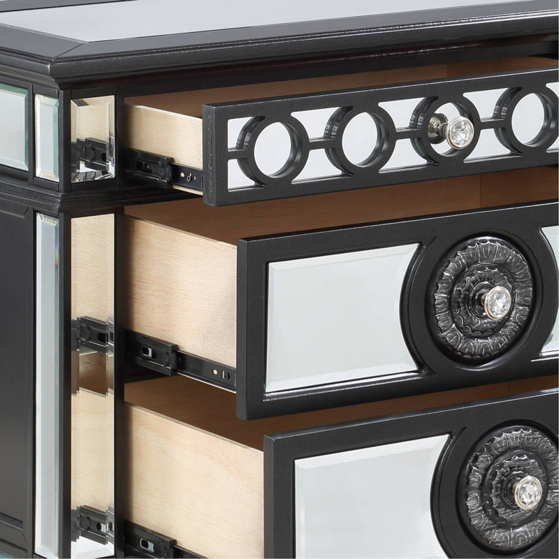 Varian II Mirrored, Black And Silver Finish Nightstand With Spacious Drawer For Modern Bedrooms And Elegant Storage Solutions