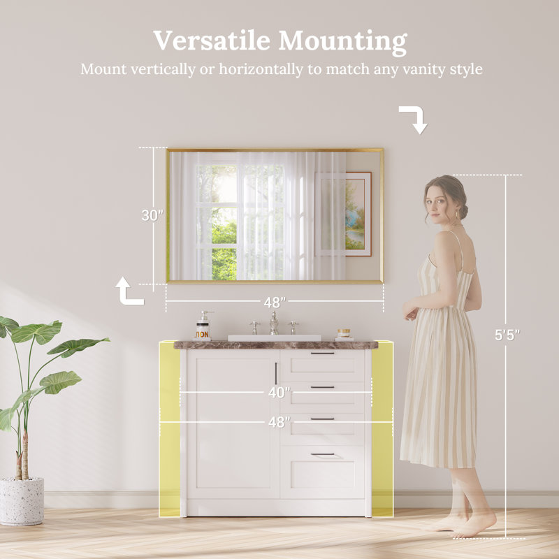 Bathroom Vanity Mirror with Tempered Glass and Aluminum Frame, Brushed Gold, 30" x 48"