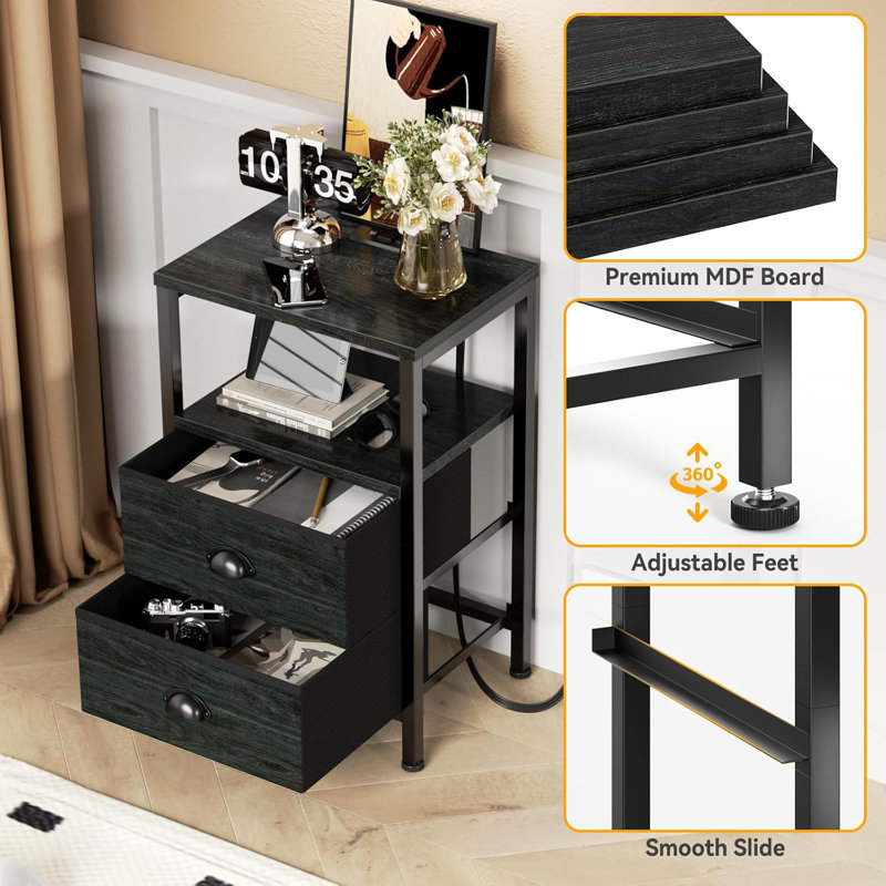 Nightstands Set of 2, End Tables with Charging Station and LED Lights